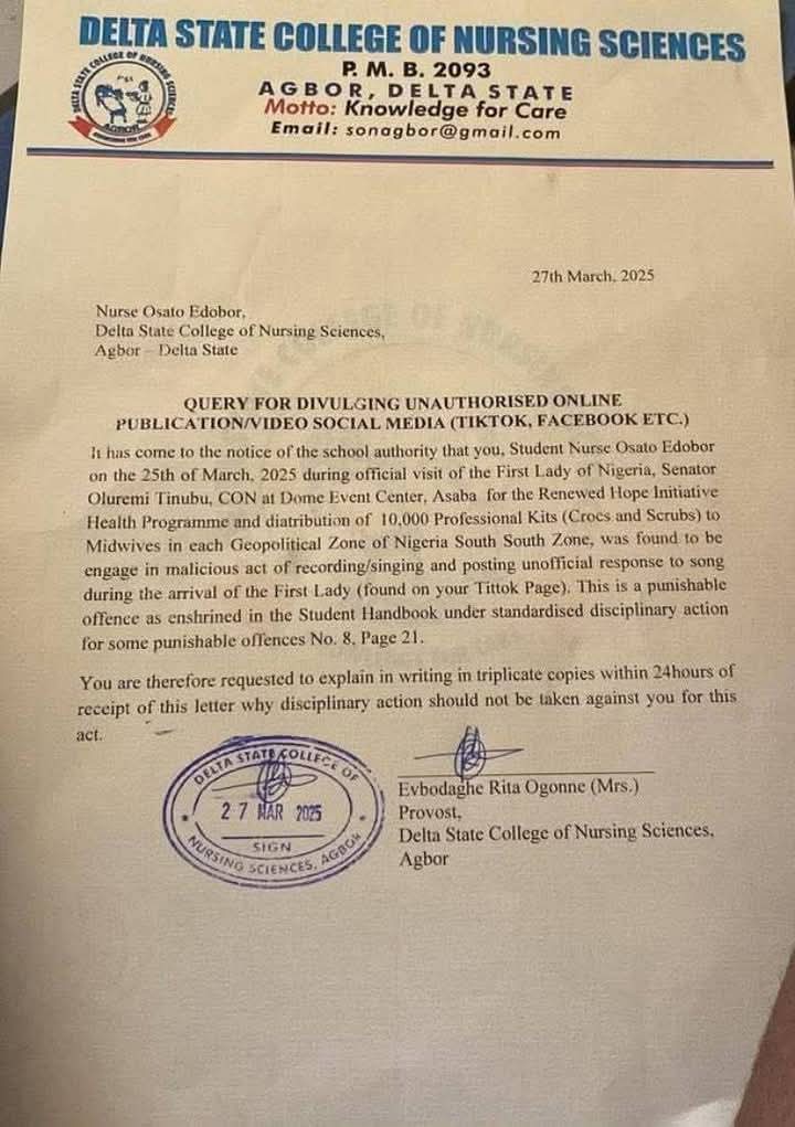 Delta State nursing student faces discipline for an "unauthorized" video during the First Lady's visit. The video sparked reactions related to economic hardship.