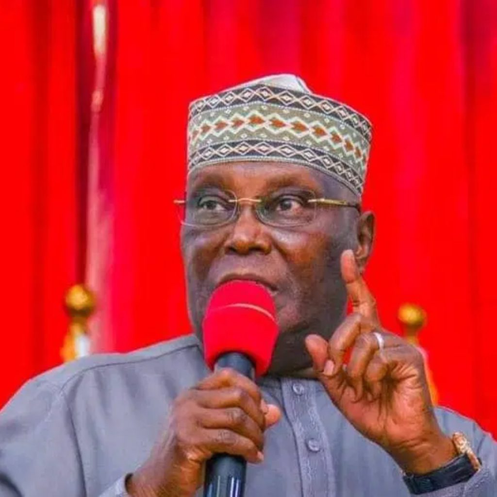 Atiku Abubakar speaking at a press event, discussing the Osun Crisis