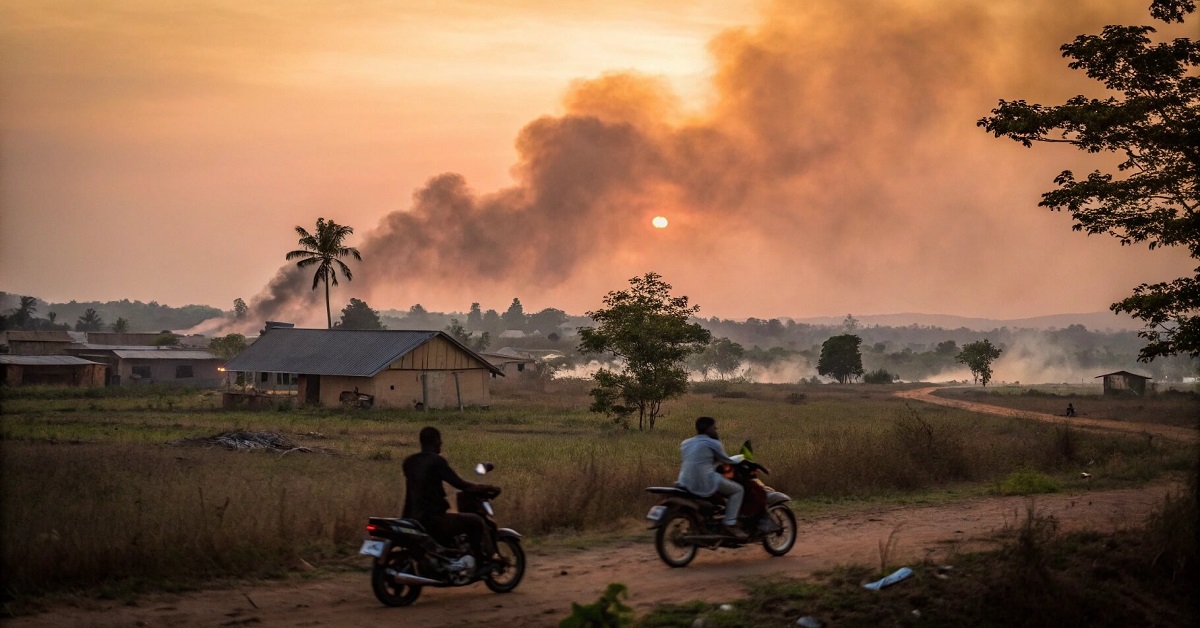 Bandits on motorcycles flee a burning yam barn in Niger State after attacks