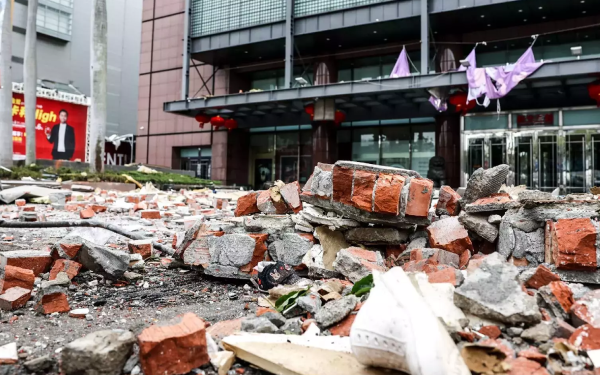 Smoke and debris from a deadly gas explosion at a Taichung shopping mall in Taiwan