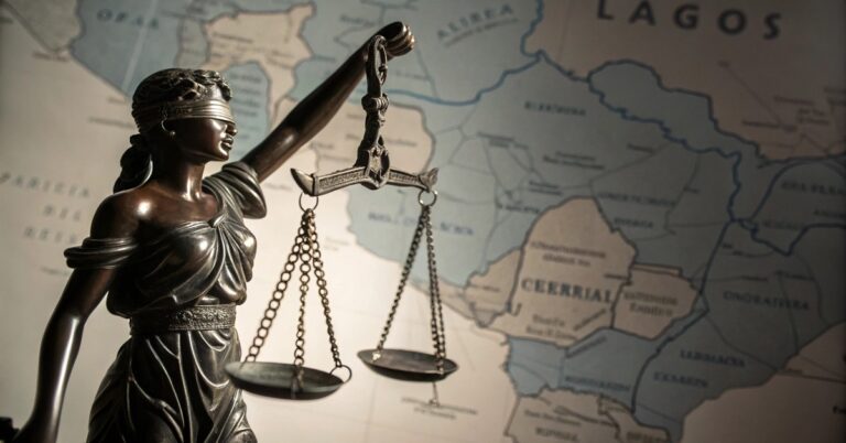 Gavel striking a map of Lekki, Nigeria, symbolizing a tense land dispute.