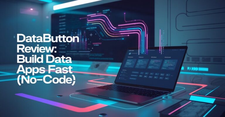 Featured image for "Databutton Review: Build Data Apps Fast (No-Code)!" showcasing a futuristic tech interface with a laptop displaying a data app, neon blue and purple accents, and bold title overlay.