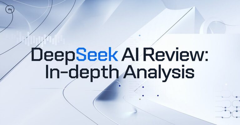 Deepseek ai Review: In-Depth Analysis - A featured image with a clean white background, bold blue 'Deepseek' text, and AI-inspired digital elements