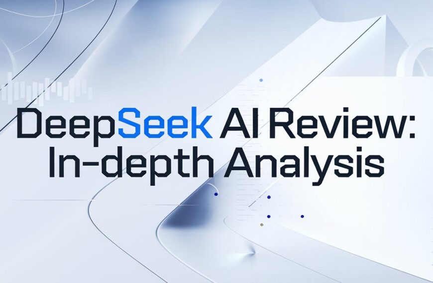 Deepseek ai Review: In-Depth Analysis - A featured image with a clean white background, bold blue 'Deepseek' text, and AI-inspired digital elements