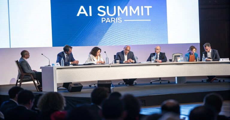 World leaders and tech executives at a panel discussion during the AI Summit Paris, discussing AI regulation and future applications