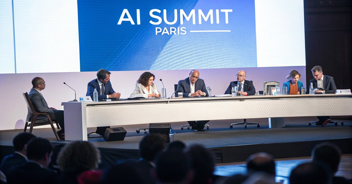 World leaders and tech executives at a panel discussion during the AI Summit Paris, discussing AI regulation and future applications