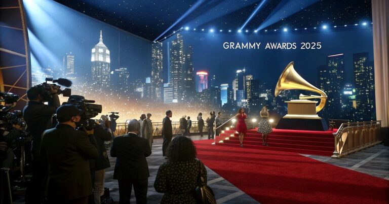 A glamorous stage at the Grammy Awards 2025, featuring a giant illuminated Grammy trophy, golden spotlights, and a red carpet, with elegantly dressed celebrities and photographers capturing the moment.