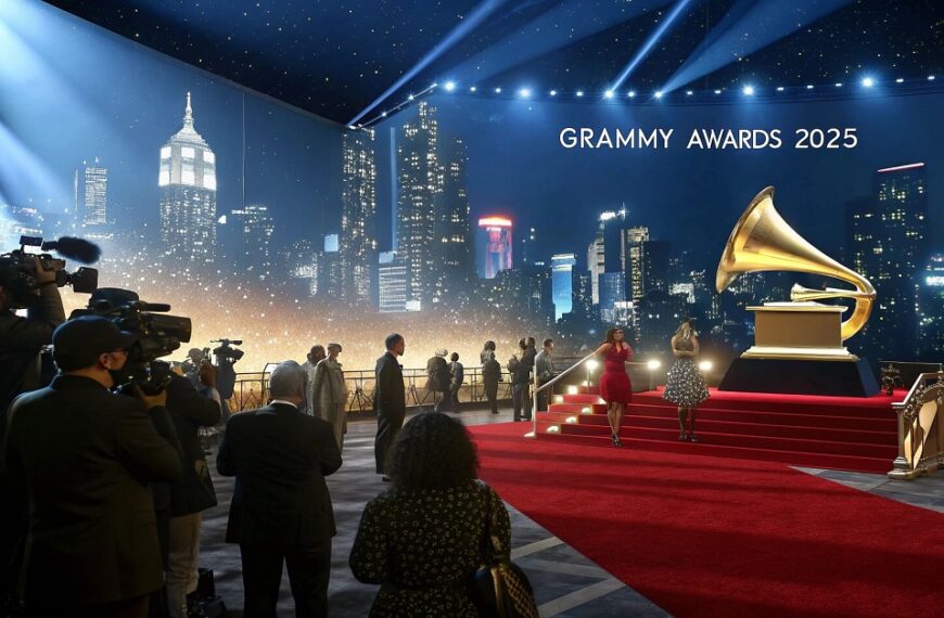 A glamorous stage at the Grammy Awards 2025, featuring a giant illuminated Grammy trophy, golden spotlights, and a red carpet, with elegantly dressed celebrities and photographers capturing the moment.