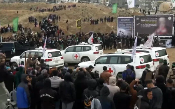 Red Cross vehicles transporting hostage bodies returned by Hamas.