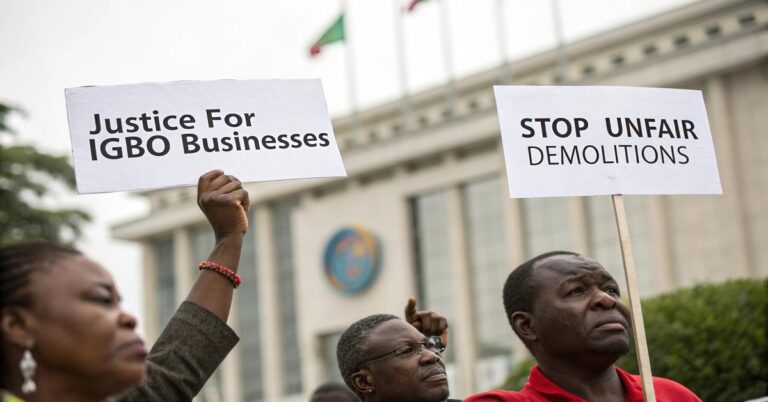 Protesters in front of the United Nations holding signs demanding justice for Igbo businesses affected by Lagos property demolitions