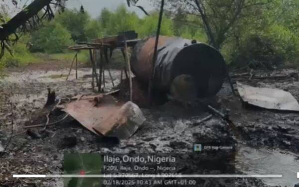 Nigerian Navy personnel at a dismantled illegal refining camp in Ondo State
