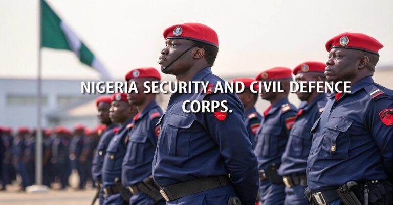 Officers of the Nigeria Security and Civil Defence Corps (NSCDC) in formation, wearing navy blue uniforms with red berets, symbolizing discipline and national security. A bold title overlay reads "Nigeria Security and Civil Defence Corps