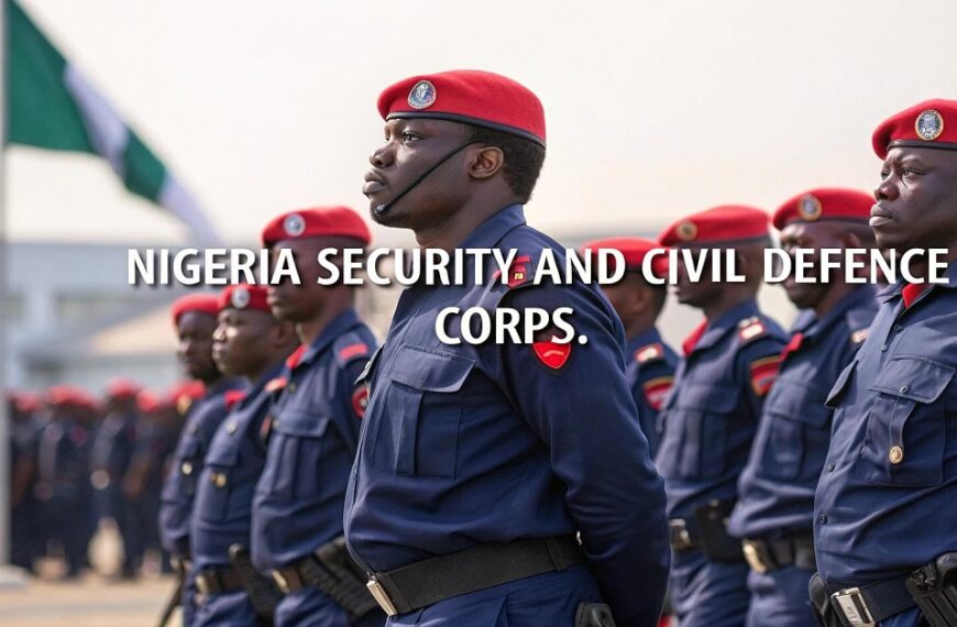 Officers of the Nigeria Security and Civil Defence Corps (NSCDC) in formation, wearing navy blue uniforms with red berets, symbolizing discipline and national security. A bold title overlay reads "Nigeria Security and Civil Defence Corps
