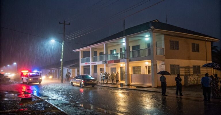 Police cordon tape at a hotel in Ogun State, scene of a police inspector's death and ongoing manhunt.