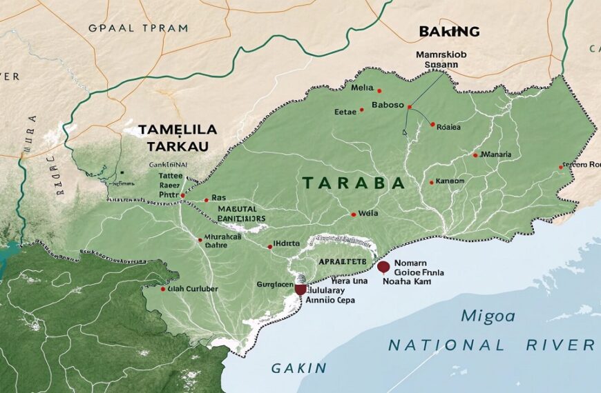 A detailed map of Taraba State, Nigeria, highlighting key locations related to the Taraba Police Kidnapping Rescue operation. The map features major cities, roads, and geographical landmarks such as the Mambilla Plateau and Gashaka-Gumti National Par