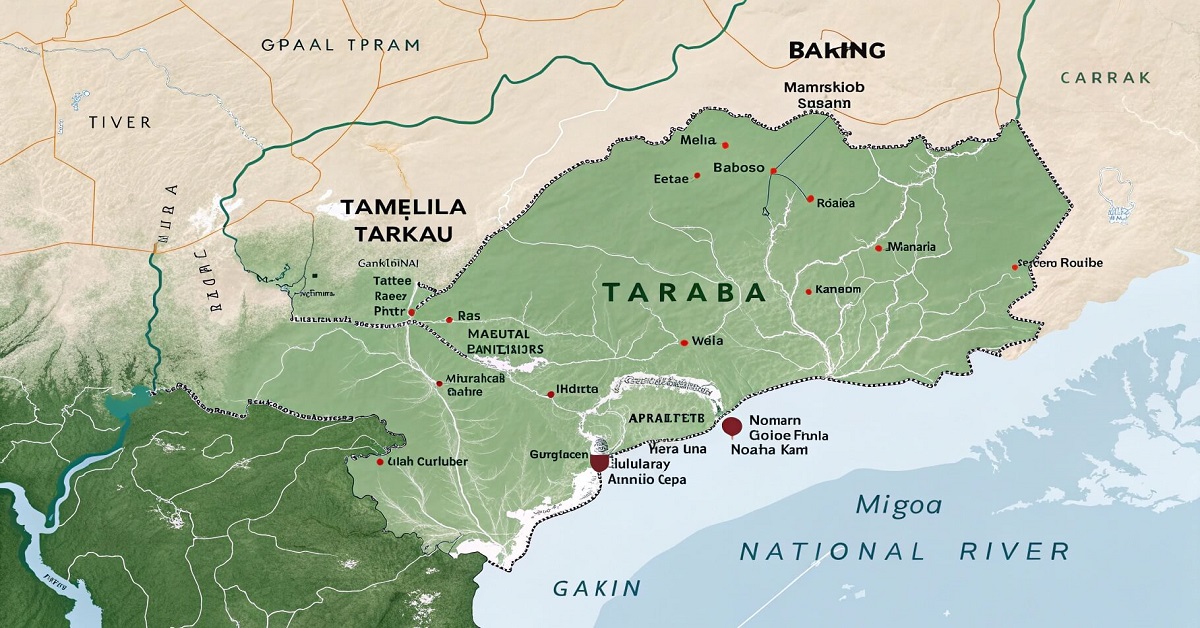 A detailed map of Taraba State, Nigeria, highlighting key locations related to the Taraba Police Kidnapping Rescue operation. The map features major cities, roads, and geographical landmarks such as the Mambilla Plateau and Gashaka-Gumti National Par