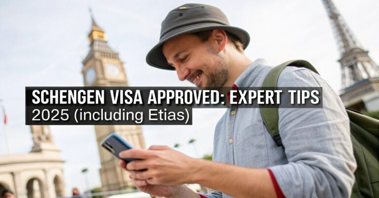 A traveler is confidently using a smartphone to complete an ETIAS (European Travel Information and Authorisation System) application. In the background, there are iconic European landmarks subtly displayed. The overall tone is modern, tech-forward, and reassuring, highlighting the ease of the new travel authorization process. The text "Schengen Visa Approved: Expert Tips 2025 (Including ETIAS)" is clearly visible.