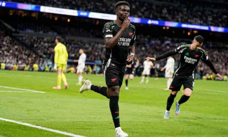 Arsenal reach Champions League semi-final, defeating Real Madrid 5-1 on aggregate. Saka & Martinelli goals seal 2-1 win in Madrid. Next up: PSG.