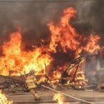 Machine explosion triggers dramatic fire at Shril-Balaj Industrial tyre recycling plant in Olopomeji, Ibadan. Firefighters battle toxic blaze, save facility