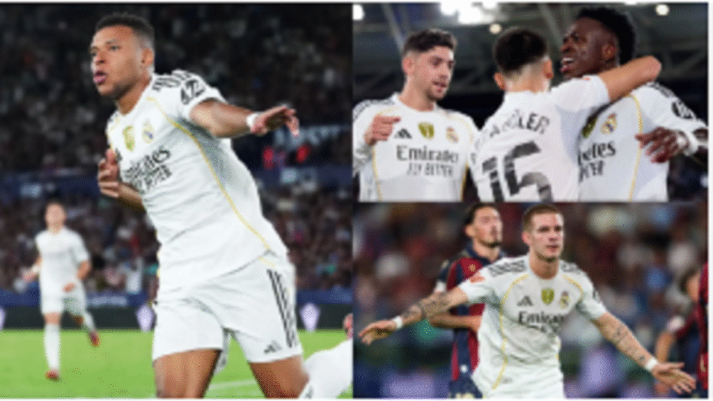 Kylian Mbappé celebrating his second goal against Levante at Estadi Ciutat de València with Real Madrid teammates Vinícius Júnior and Franco Mastantuono