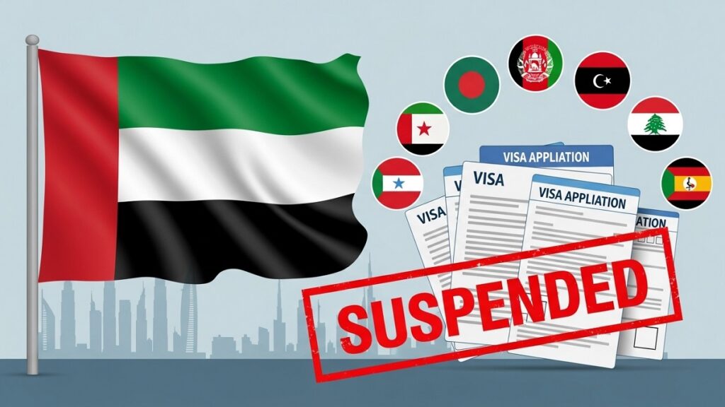 UAE immigration office with flags representing affected countries including Bangladesh, Afghanistan, and Somalia