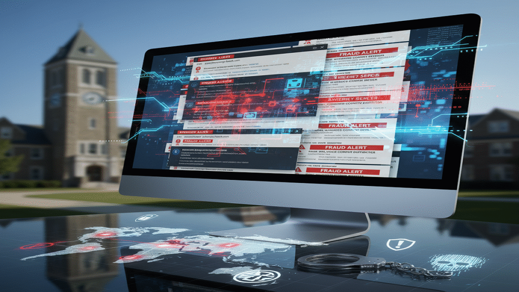 Computer screen showing email fraud warning with cybersecurity symbols representing the $235,000 university email compromise scheme