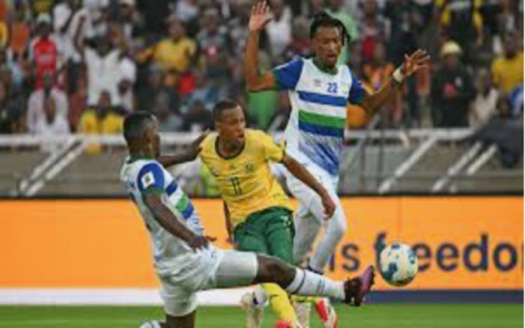 Teboho Mokoena wearing South Africa national team jersey during FIFA World Cup 2026 qualifier match against Lesotho