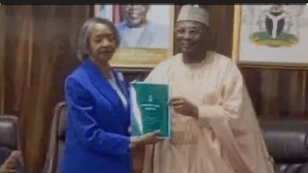 May Agbamuche-Mbu takes over as acting INEC Chairman from Professor Mahmood Yakubu during handover ceremony at commission headquarters in Abuja