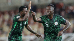 Akor Adams celebrating his debut goal for Nigeria Super Eagles against Lesotho in 2026 World Cup qualifier