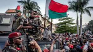 CAPSAT military convoy drives through Antananarivo streets during Madagascar coup after President Rajoelina impeachment