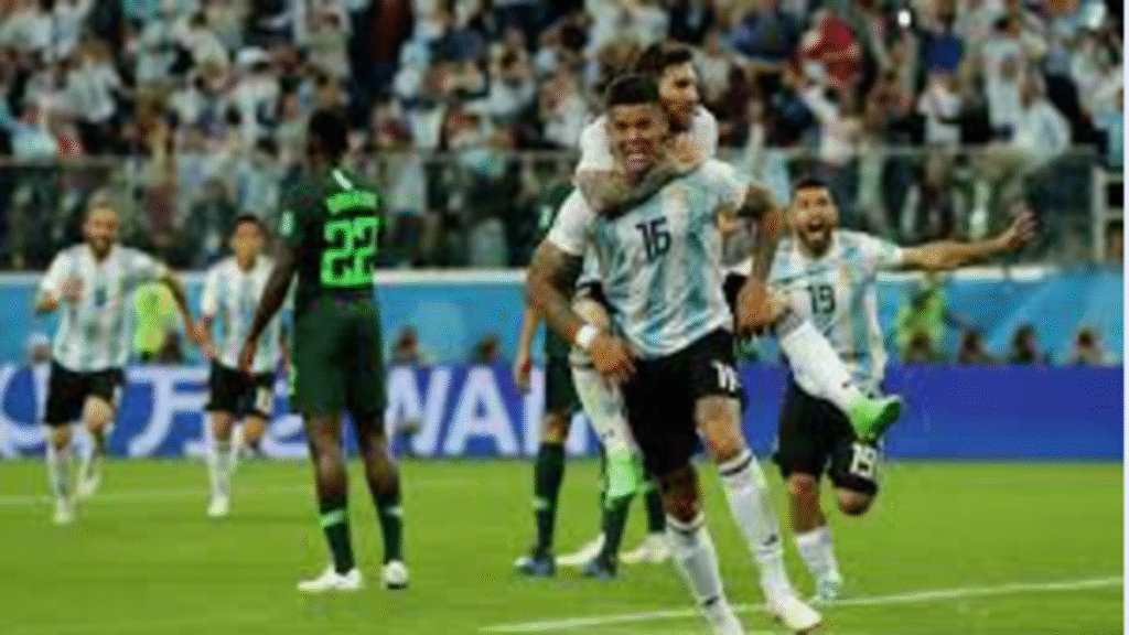 Argentina U-20 players celebrating goal against Nigeria Flying Eagles during FIFA U-20 World Cup knockout match in Santiago del Estero