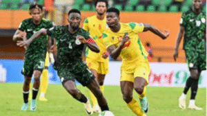 Nigeria striker Victor Osimhen celebrates hat-trick goal against Benin Republic during 2026 World Cup qualifier at Godswill Akpabio Stadium Uyo