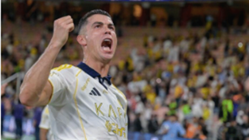 Cristiano Ronaldo celebrating in Al-Nassr jersey after becoming football's first billionaire player according to Bloomberg Billionaires Index