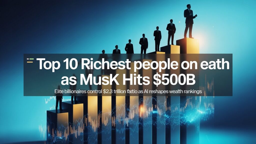 Top 10 richest people on earth visualization showing Elon Musk at $500 billion leading billionaire rankings with collective wealth of $2.3 trillion
